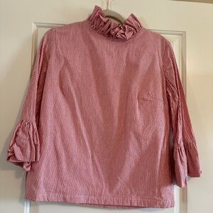 Elizabeth Wilson, Katherine Top, Ruffle, red and white seersucker top, M